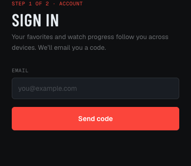 The app’s sign-in screen with an Email field and Send code button.